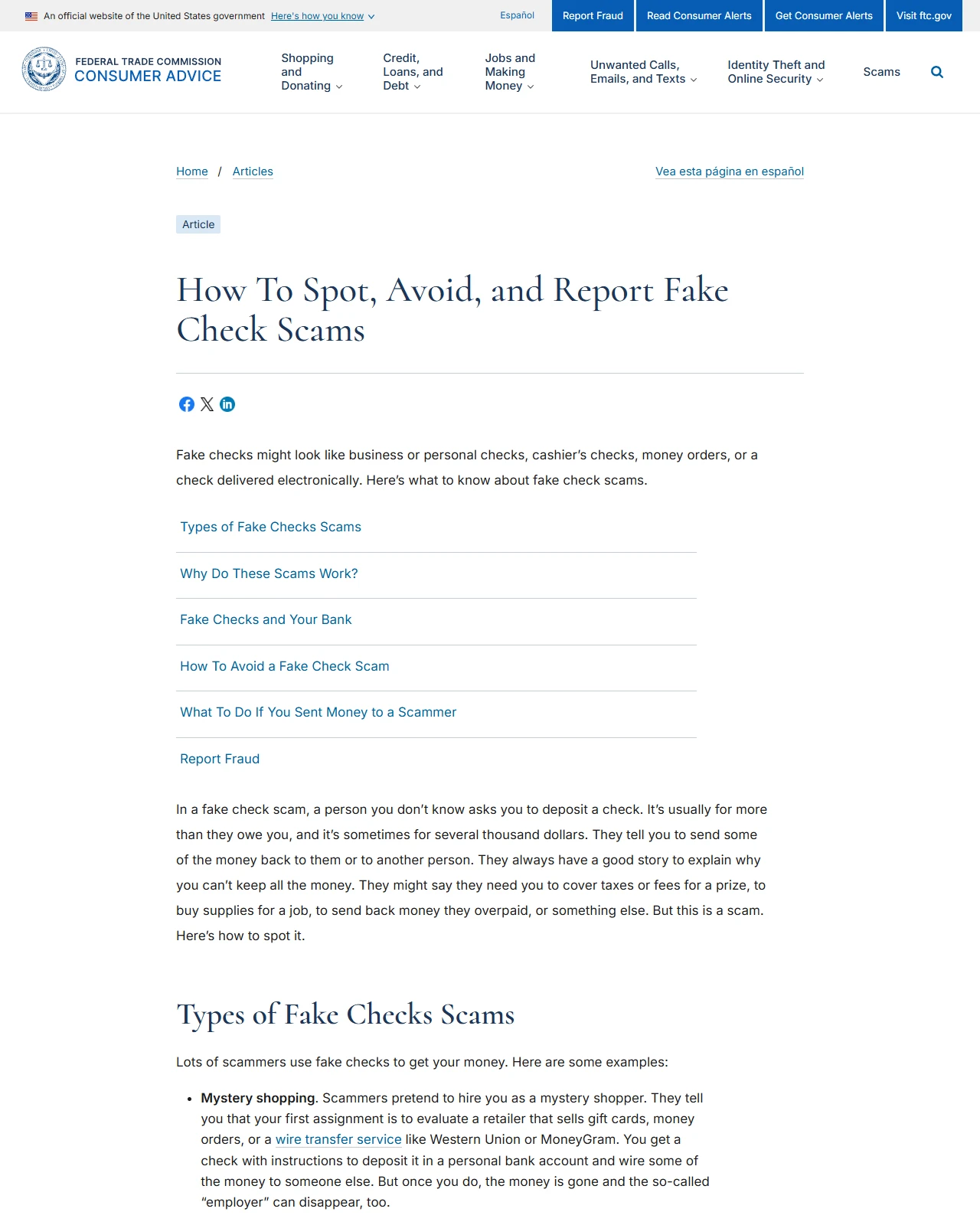 FTC Consumer Advice page How To Spot, Avoid, and Report Fake Check Scams, showing its section list and the opening paragraph about a stranger asking you to deposit a check and send some of the money back