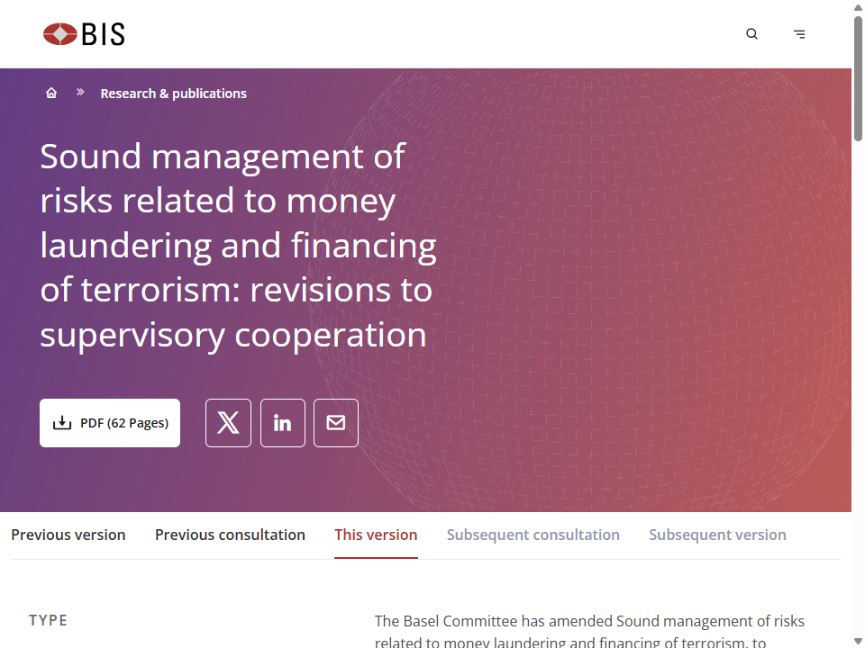 The Basel Committee publication page for its guidelines on managing money-laundering risk, the framework behind a bank's customer due-diligence questions