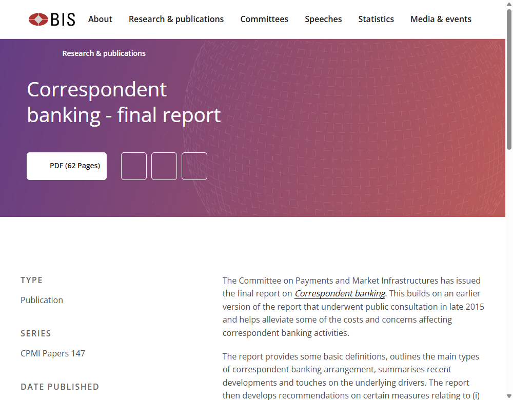 The Bank for International Settlements publication page for its report on correspondent banking, the chain of banks a cross-border wire passes through
