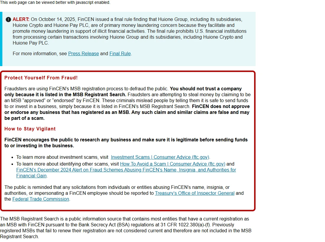 FinCEN's MSB Registrant Search page, with a red box warning that you should not trust a company only because it is listed there and that FinCEN does not approve or endorse any registered MSB