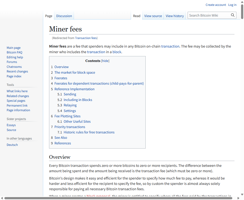 A public wiki reference page explaining how on-chain transaction fees are determined by transaction size and network demand rather than by the amount being sent