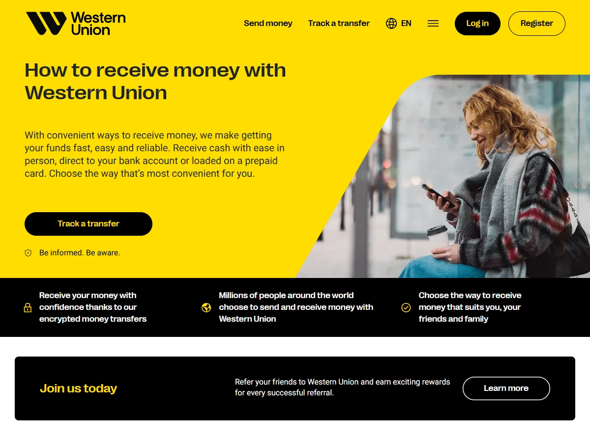 Western Union's receive-money page, listing cash in person, direct to a bank account or loaded on a prepaid card, with a Track a transfer button